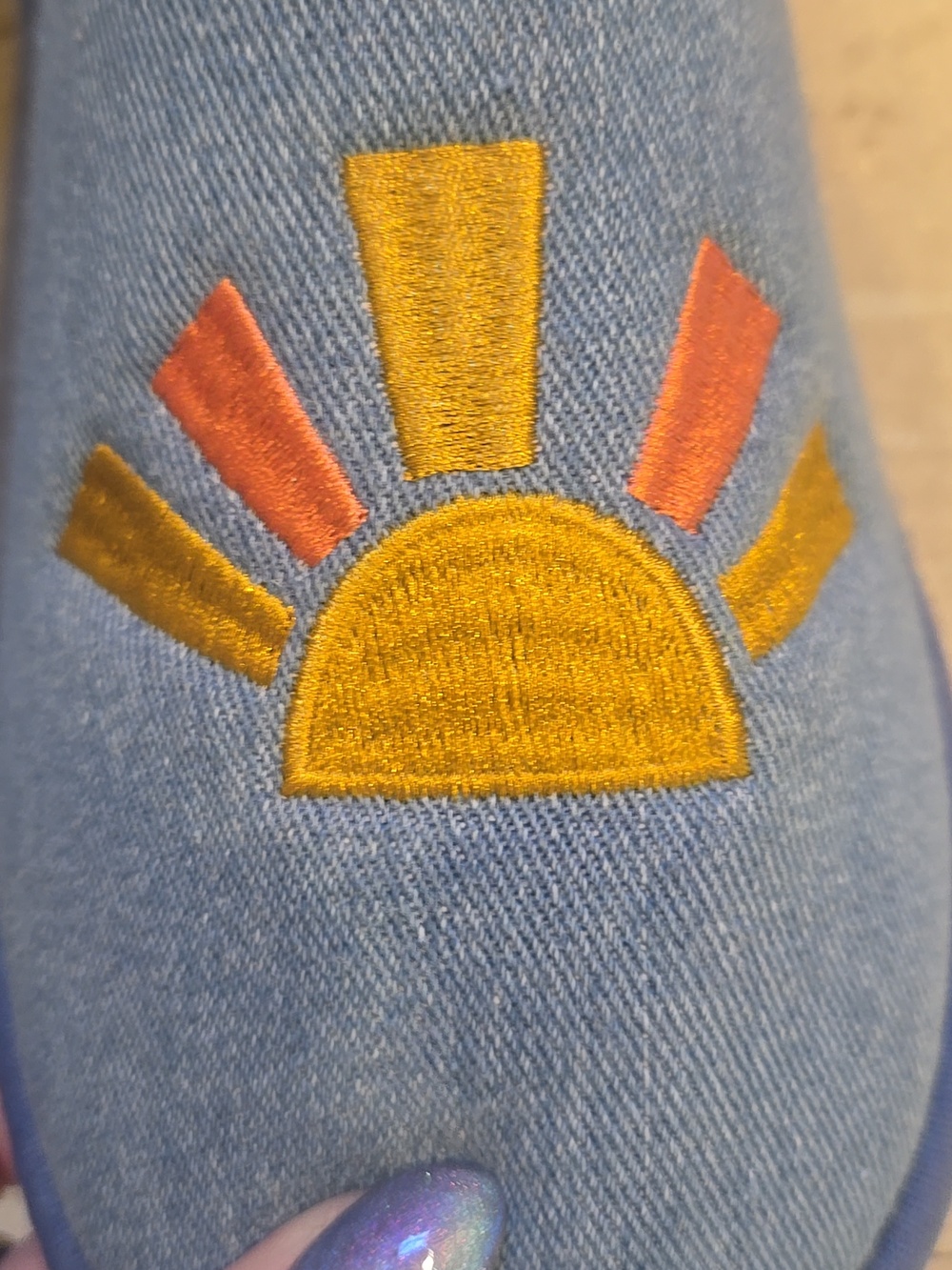 Rae Dunn "Rise and Shine" Denim Blue Slippers - Picture 3 of 11